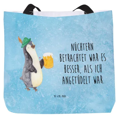 Produktbild von Mr. & Mrs. Panda Strandtasche Pinguin Bier - Eisblau - Geschenk, , Reisetasche, Tote Bag, Feierabend, Laptoptasche, Beschwippst, Angetüdelt, Tasche