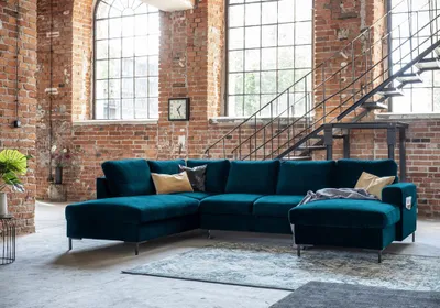 Produktbild von MIUFORM Lofty Lilly - Ecksofa mit Bettfunktion und Bettkasten U-FORM LINKS - 303 x 197 cm - Velours Petrolblau - Sofa Schlafsofa Couch