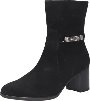 A black suede boot with a decorative rhinestone band around the ankle.