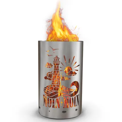 A stainless steel fire pit with a lighthouse and sun design, with flames burning inside.