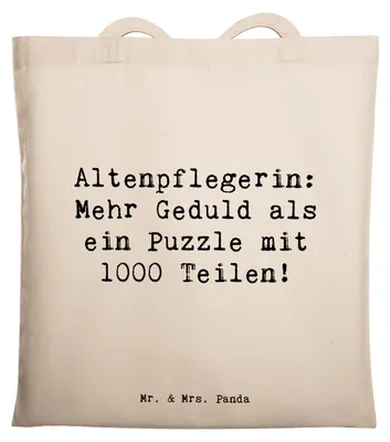 Produktbild von Mr. & Mrs. Panda Tote Bag Spruch Altenpflegerin Geduld - Transparent - Geschenk, Büchertasche, Stoffbeutel, Schultasche, Berufsprodukte, Laptoptasche, kreative Geschenke