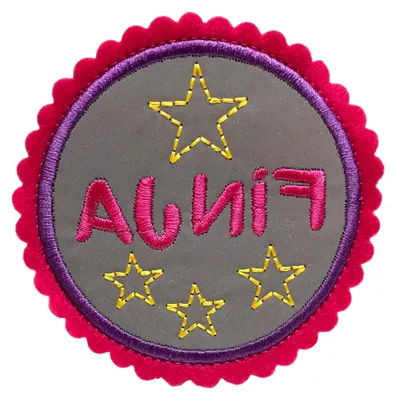 Produktbild von Reflektor Patch mit Metallplatte für Schulmappen mit Magnet | Wunschname mit bis zu 8 Buchstaben | ca. 8cm Durchmesser | pink und lila