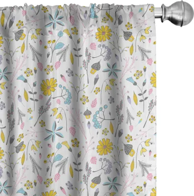 Immagine prodotto di ABAKUHAUS Tende per asilo nido, tende, deliziosi motivi primaverili con fiori e piante in stile doodle, 2 pezzi 75 x 225 cm, multicolore