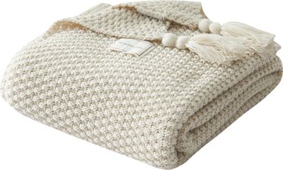 Quasten Gestrickte Decke Weiche Warme Strickdecke Kuscheldecke, 137x170cm, Beige