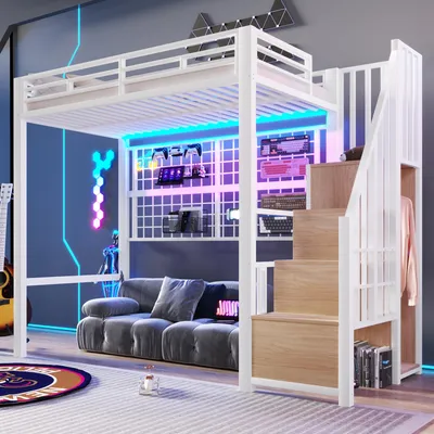 Immagine prodotto di Letto a castello Flieks 90x200 cm con sponda di protezione e LED, letto a soppalco con appendiabiti e vano portaoggetti, letto singolo in metallo per ragazzi con scaletta, bianco