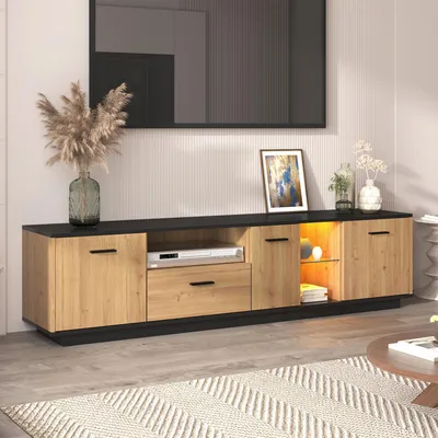 Produktbild von STILVORA TV-Schrank mit Schublade und 3 Türen,TV-Lowboard mit offene Glasfächer,Fernsehschrank mit LED-Leuchten durch APP-Steuerung,Natur