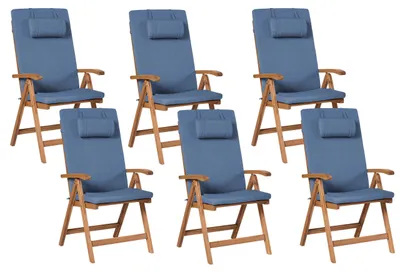Produktbild von BELIANI Gartenstuhl 6er Set mit Auflagen Hellbraun u. Blau Akazienholz Verstellbar Klappbar UV-Beständig Rustikal Landhaus Stil Balkon Terrasse Möbel