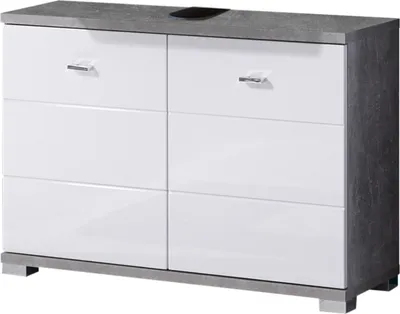 A white and gray cabinet with a concrete-look top and sides.