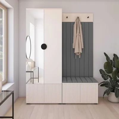 Produktbild von Garderoben-Set Ritmo Version 1 – gefräste Kleiderschrank mit Spiegel, mit Polsterplatten, Schuhschrank, für Eingangsbereich (Cashmere, Trinity 15)