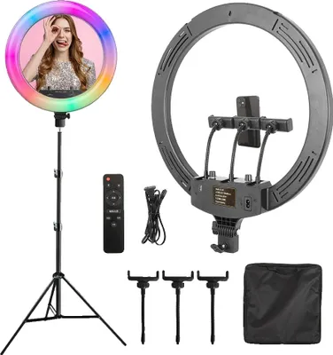 Produktbild von Dimmbare Ringlicht, RGB-Farbauswahl, hohe CRI-Leistung, 170 cm Stativ RGB