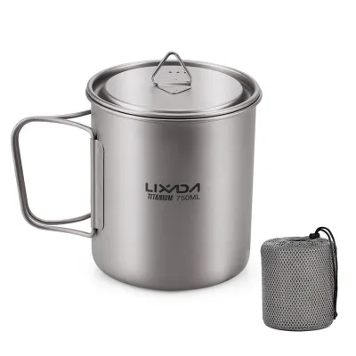 Immagine prodotto di 750 ml Tazza da campeggio ultraleggera in titanio - Tazza da esterno portatile con manico pieghevole per escursioni e picnic
