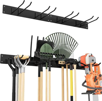 Image de Support mural en métal pour outils de jardin, capacité de charge de 150 kg, avec 4 crochets doubles et 2 panneaux, idéal pour ranger les outils de jardin dans un garage ou un jardin