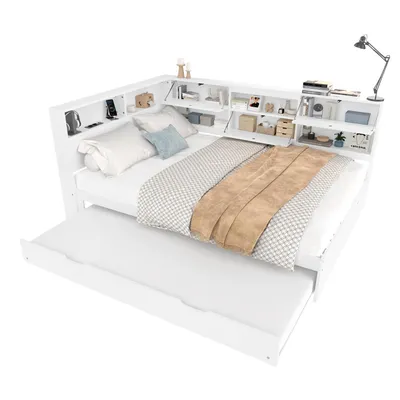 Produktbild von Holzbett mit Regal, Gästebett, Lattenrost und Mehrfachsteckdose, 140x200 cm, Doppelbett, Jugendbett, Kiefer