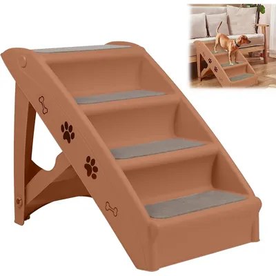 Produktbild von Faltbare 4-Stufen-Hundetreppe mit rutschfester Matte,H50cm, Hunderampe für Katzen& Hunde bis 75kg, tragbare Haustiertreppe für Bett or Sofa, Hellbraun