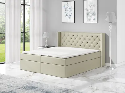 Produktbild von Boxspringbett BARO 180x200 mit 2 Bettkästen, Bonell-Matratze und Topper. Dekorative Stifte an den Seiten der Kopfstütze. Bett Komplett-Set mit Matratze,Bettkasten & Kopfteil. Stoff Eko Cayenne. Elegantes Bett mit massives Kopfteil.