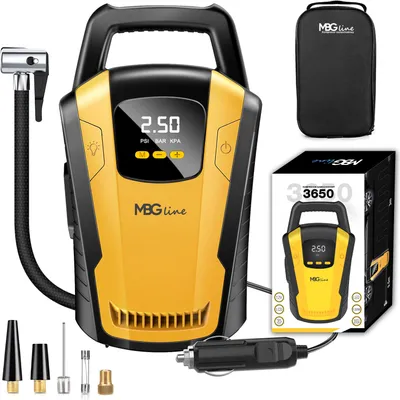 Immagine prodotto di MBG Line 3650 compressore d'aria per auto Compressore da 12 V con display LCD a LED Spegnimento automatico Pompaggio rapido 35 l/min Torcia integrata Adattatore per borse