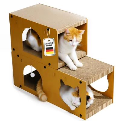 Produktbild von Katzenhaus Kratzmöbel 2-stöckig aus Karton – Kratzhaus & Spielhaus mit Sisal-Kratzflächen und Spielball – stabiles Katzenmöbel Deutsche Marke