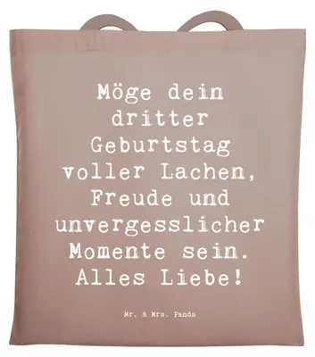 Produktbild von Mr. & Mrs. Panda Beutel Spruch 3. Geburtstag Glück - Braun Pastell - Geschenk, Alter, Uni Tasche, Alles Liebe, Shopping, Geburtstagsgeschenk, Freude, Party, Tote Bag