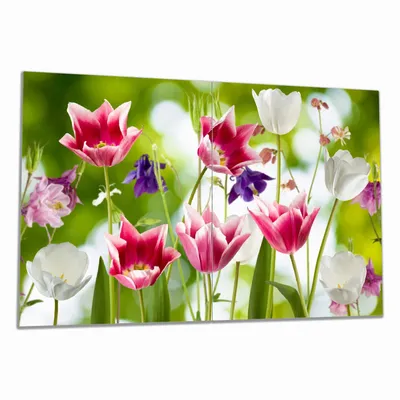 Produktbild von Wallario Herdabdeckplatte aus Glas, Größe 80 x 52 cm 2-teilig, Motiv Blühende Blumen im Frühling in pink und weiß