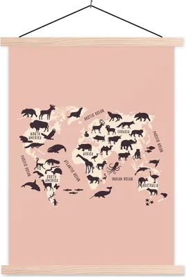 Produktbild von MuchoWow® Textilposter Weltkarte - Tiere - Rosa 120x160 cm mit holzfarbenen Rahmen - Plakatkarton