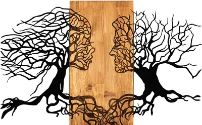 A black metal wall art depicting two tree-like profiles facing each other, with roots intertwined, mounted on a wooden background.
