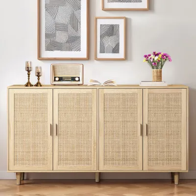 Produktbild von Sideboards 158x40x88cm Naturbelassen Esszimmer Elegant und funktional 4-Tuer Rattan Dekorative Wohnzimmerschraenke Aufbewahrungsschraenke
