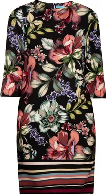 Produktbild von Kleid Peony mit farbenprächtigem Allover-Blumenmuster auf schwarzem Grund