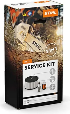 A product box for a STIHL service kit, showing images of a chainsaw and the kit's contents.