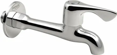 A chrome-plated faucet with a long spout and a lever handle, mounted on a circular flange with a threaded connection. The faucet is shown against a plain white background.