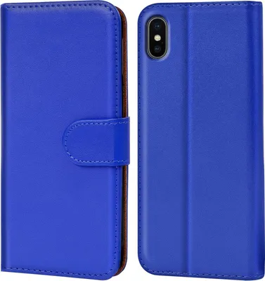 A blue flip phone case is shown from two angles.