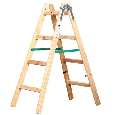 A wooden A-frame ladder with green straps, shown against a white background.