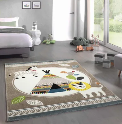Produktbild von Spielteppich Kinderzimmer Löwe Indianer Zelt Kaktus Zebra creme beige blau braun Größe - 120x170 cm