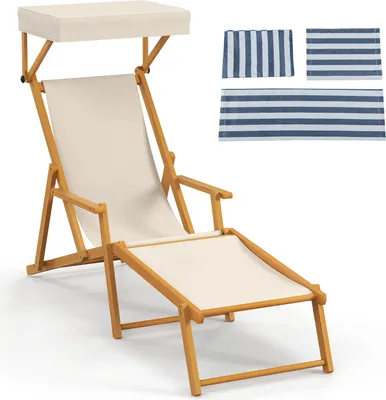 A wooden lounge chair with a canopy and striped fabric samples.
