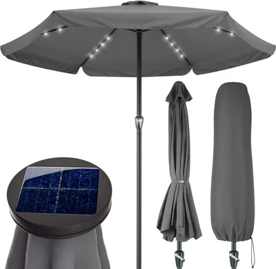 Produktbild von KINGSLEEVE® Sonnenschirm LED Beleuchtung UV Schutz 80+ Solar Schutzhülle 330cm Groß Kurbel Volant Balkon Terrasse Gartenschirm Marktschirm Anthrazit