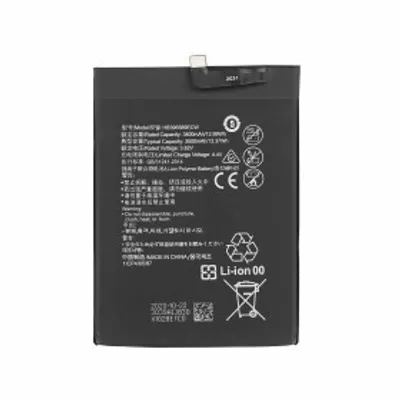A black smartphone battery with text and symbols printed on it, set against a white background.