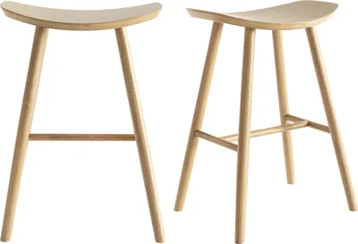 Two wooden bar stools on a white background.