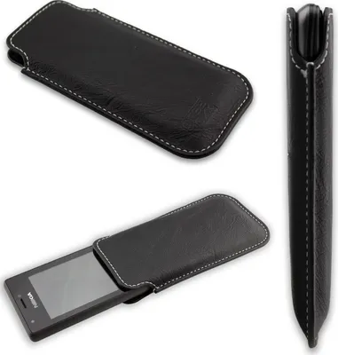 A black leather phone case is shown from multiple angles, with one angle showing a phone partially inserted.