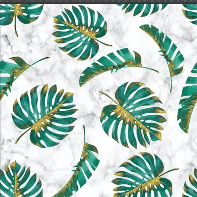 Produktbild von Jersey Stoff Digitaldruck - Monstera-Blätter grün-gold auf weißem Marmor-Hintergrund