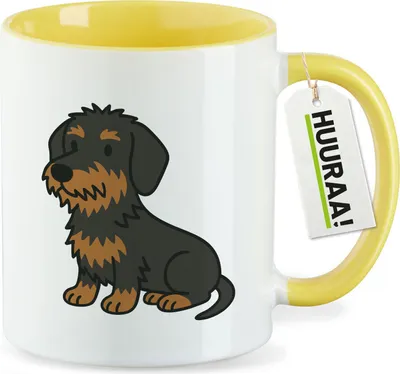 Produktbild von Huuraa Kaffeetasse Rauhaar Dackel Sausage Dog Comic 330ml Gelb Keramik Kaffeebecher Geschenkidee