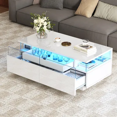 Produktbild von okwish Couchtisch Sofatisch mit Hochglanz Beistelltisch aus gehärtetem Glas mit 2 Schubladen,kaffeetisch mit LED-Licht,Weiß