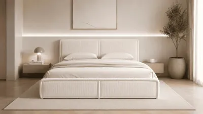 Produktbild von MOEBLO Polsterbett Bett 04 – Doppelbett mit Cord Bezug, Kopfstütze, gepolstertes Kopfteil, Rahmenbettgestell, Bettkasten und Lattenrost - 140x200 - Weiß (Poso 38)