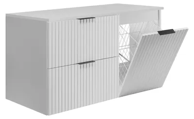 Image de Ensemble de meubles de salle de bain comprenant un panier à linge et une étagère, poignées noires, couleur blanche, dimensions : 100 x 46 x 57 cm