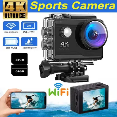 Obrázek produktu pro 4K akční kamera 20MP WiFi sportovní kamera Ultra HD podvodní kamera 40m 170° široký úhel 2,4G dálkové ovládání časosběrné snímání + 32&64GB karta