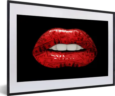 Produktbild von MuchoWow® MuchoWow® Gerahmtes Poster Lippen - Geld - Rot 60x40 cm - Poster mit zchwarzem Bilderrahmen - Schlafzimmer - Plakat in Rahmen - Drucken