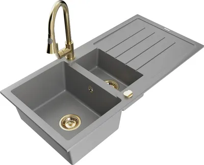 Produktbild von Mexen Andres 1,5-Becken-Granitspüle mit Abtropffläche und Mischbatterie Elia, Grau - 6515-71-670101-50