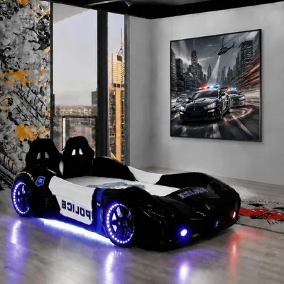 Zdjęcie produktu dla Łóżeczko dziecięce Autobett, czarno-białe, wzór samochód wyścigowy, oświetlenie LED, sportowy samochód