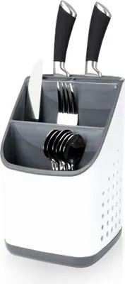 A white and gray utensil holder with knives and cutlery inside, set against a white background.