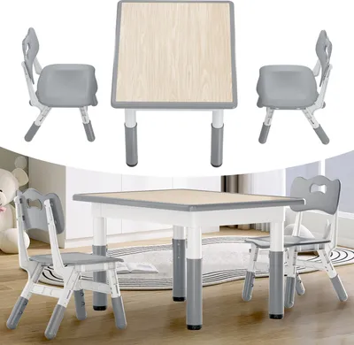 Produktbild von UISEBRT 80x60 cm dětský stůl se 2 židlemi, výškově nastavitelný, plastový šedý dětský set, dětský nábytek set stolu a židlí