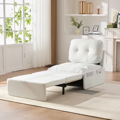 Immagine prodotto di Poltrona letto 2 in 1 Merax con cuscino di seduta, divano letto con letto estraibile, poltrona singola in tessuto di lino, letto per ospiti con struttura in legno massello e gambe in metallo, bianco