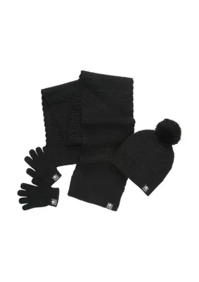 Produktbild von FC St. Pauli Kinder Winterset Totenkopf – Offizieller Fanartikel – Schwarze Mütze mit Bommel, Schal 130x18 cm & Handschuhe – warmes Strick-Set